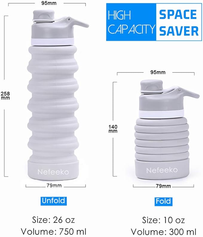 Nefeeko Collapsible Water Bottle, 26oz Silicone Foldable Water Bottles - Image 2