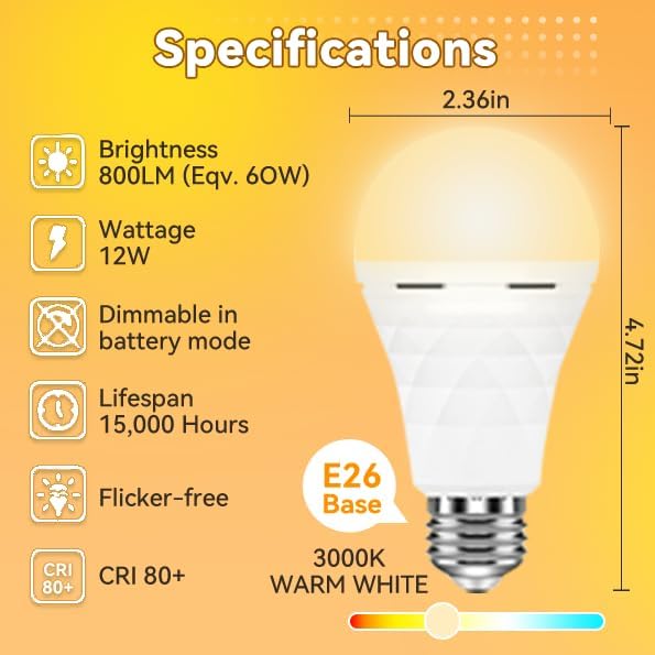 Neporal LITE PRO Rechargeable Light Bulbs, 2600mAh Large Battery Backup Light - Image 9