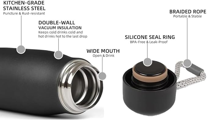 Dusgut Water Bottle with Portable Lid Metal Thermos Vacuum Insulated Stainless - Image 2