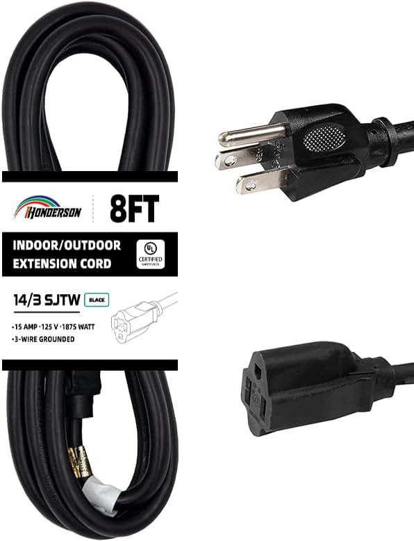 Indoor Outdoor Extension Cord Weatherproof, UL Certified, 14 Gauge 8FT Black 3 by HONDERSON