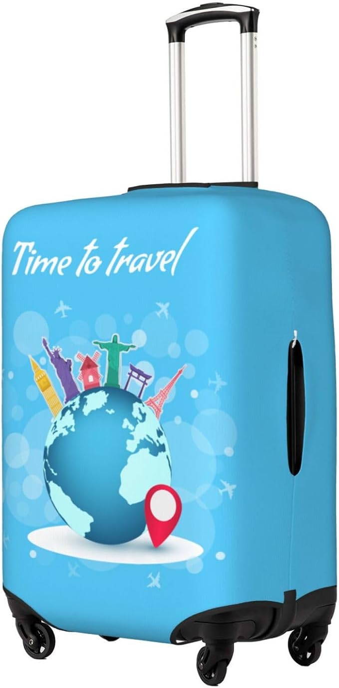 Travel Luggage Cover with Time to Travel Print, World Landmarks Design - Image 2