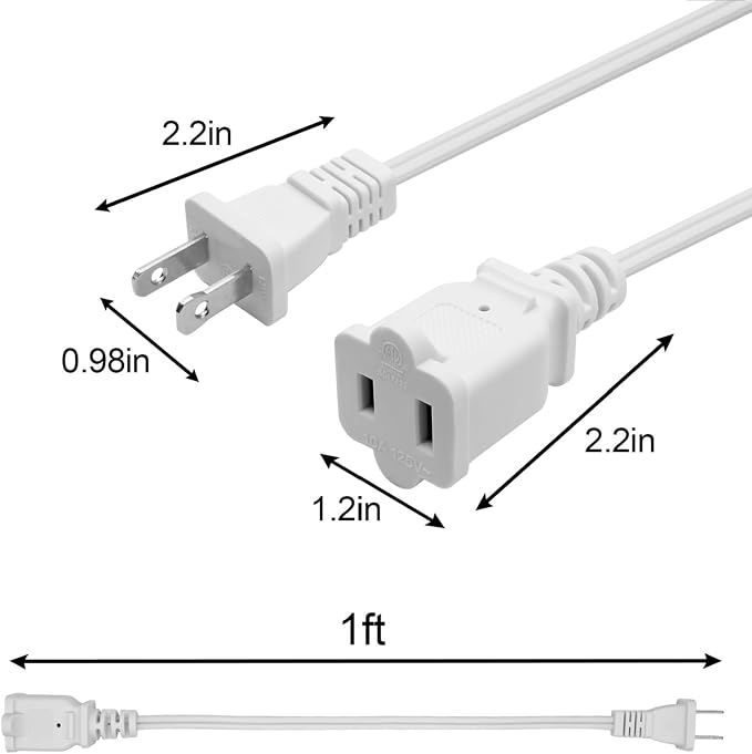 Small Extension Cord 1 FT, 2 Prong White, Thin and Short Extension Cords - Image 4
