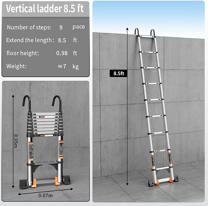 Telescoping Ladder, with Stable Hook and stabilizer barand, 8.5FT Extension - Image 2