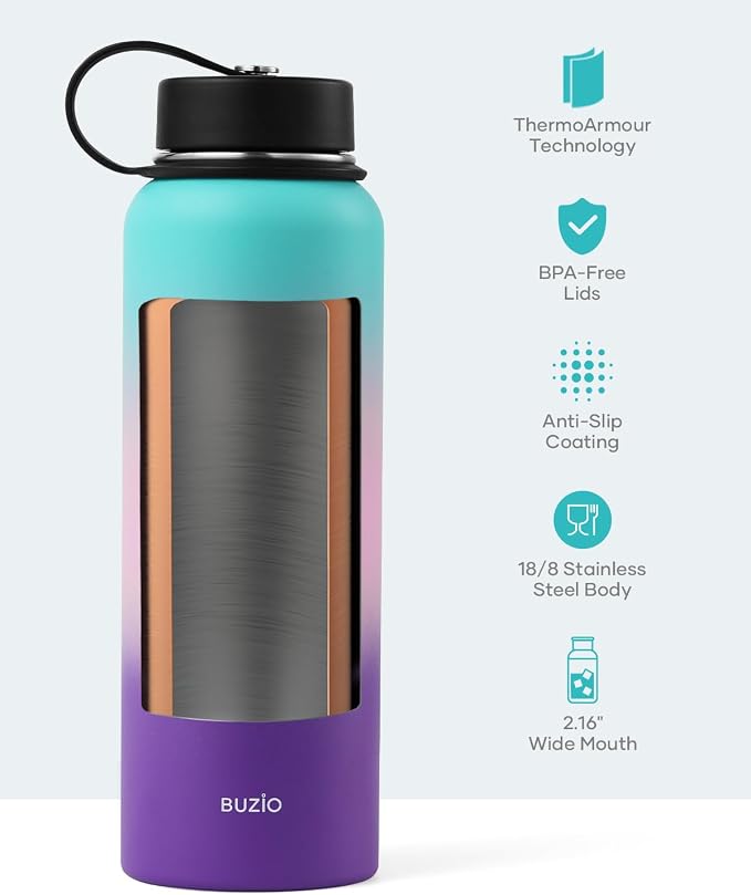 BUZIO 40oz Insulated Water Bottle, Stainless Steel Double Wall Water Flask Leak - Image 4