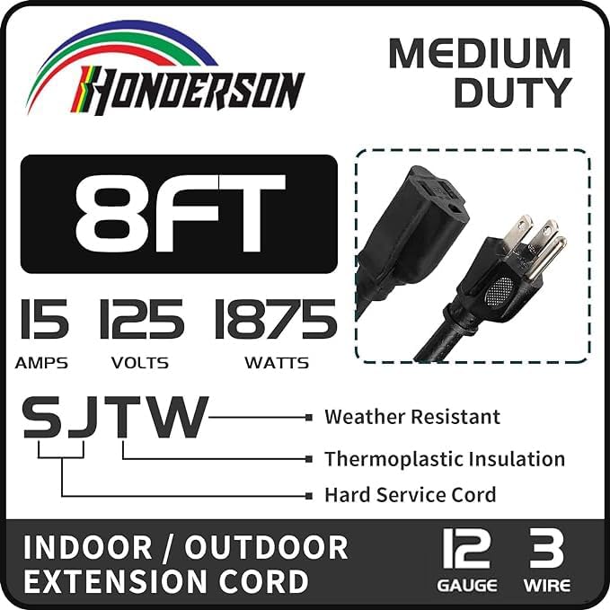 Indoor Outdoor Extension Cord Weatherproof, UL Certified, 12 Gauge 8FT Black 3 - Image 2
