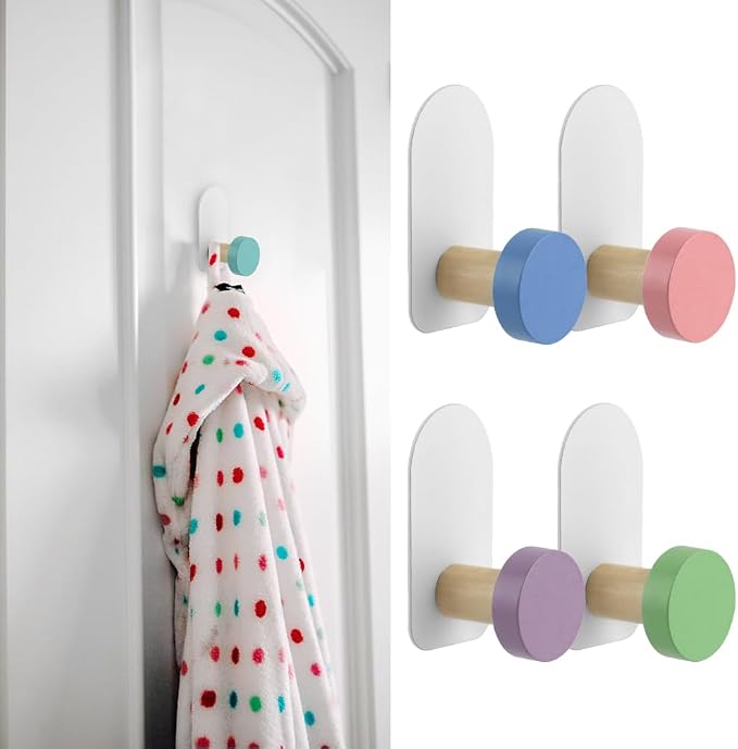 5 Pcs Self-Adhesive Wall Coat Hooks, Cute Wooden Sticky Clothes Hook Colorful - Image 3