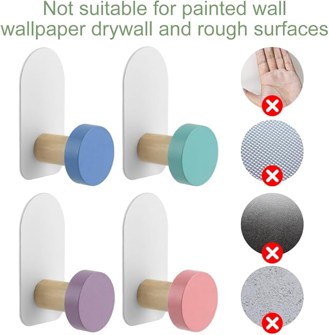 5 Pcs Self-Adhesive Wall Coat Hooks, Cute Wooden Sticky Clothes Hook Colorful - Image 5