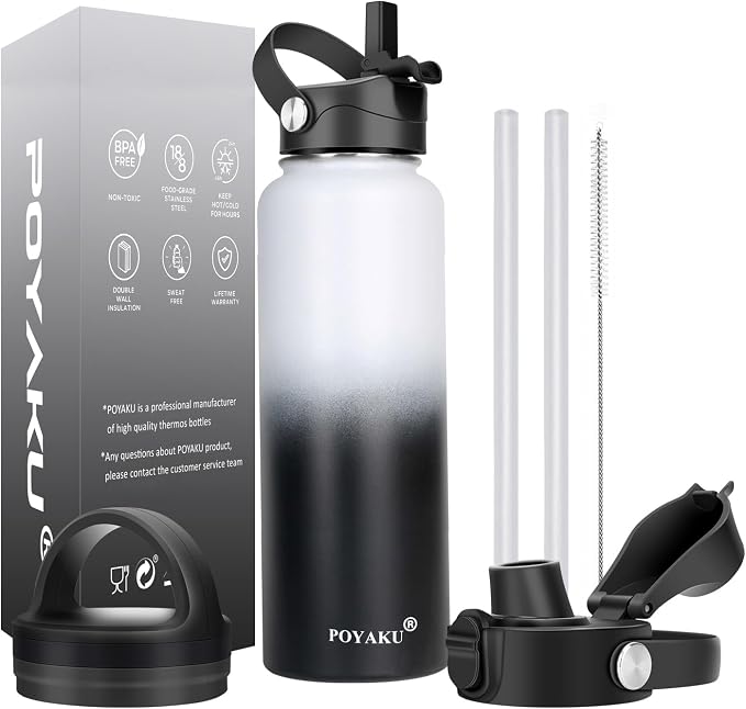 Water Bottle Insulated 32oz 40oz 64oz 128oz Straw Lid Spout Lid & 3 Lids by POYAKU