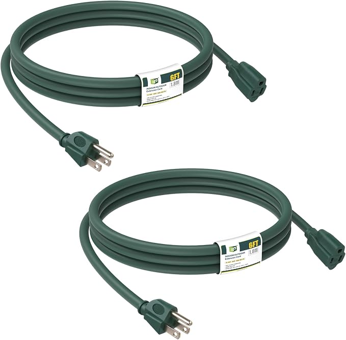 EP 2 Pack 6FT Green Outdoor Extension Cord, 16/3 SJTW Heavy Duty Waterproof by ENERGYPRO