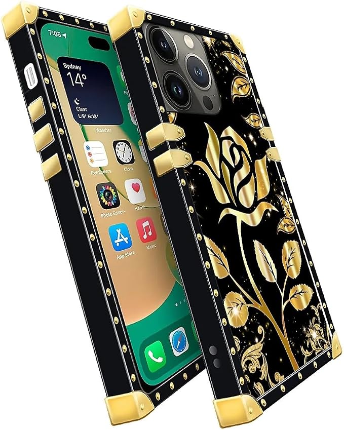 Compatible with iPhone 14 Pro Max Case, Shine Gold Rose Luxury Golden Decoration - Image 3