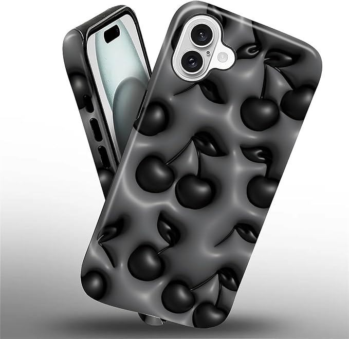 for iPhone 16 Case, HL2 Cute Cool Cherry Black Hybrid 2 Layer Hard Shell - Image 2