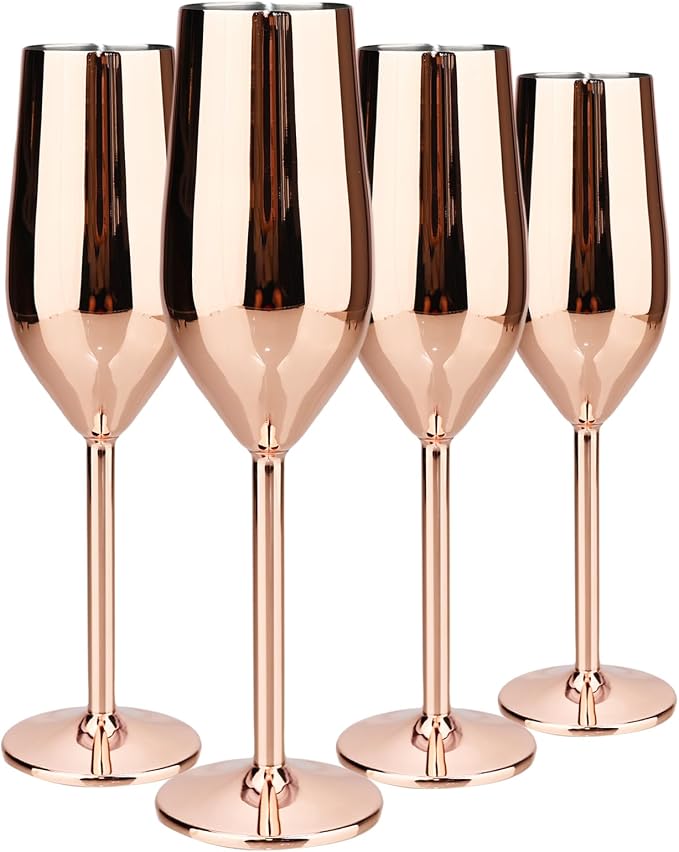TJ Unbreakable 8 Oz Stainless Steel Champagne Flutes- Rose Champagne Glasses by TJ