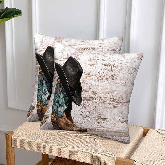 Western Cowboy Embroidered Boots Hat 18x18 Throw Pillow Covers Set of 2 - Image 4