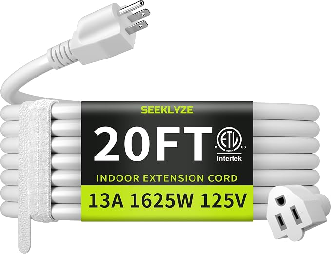 16/3 White Extension Cord 20 FT, Indoor Extension Cord by Seeklyze