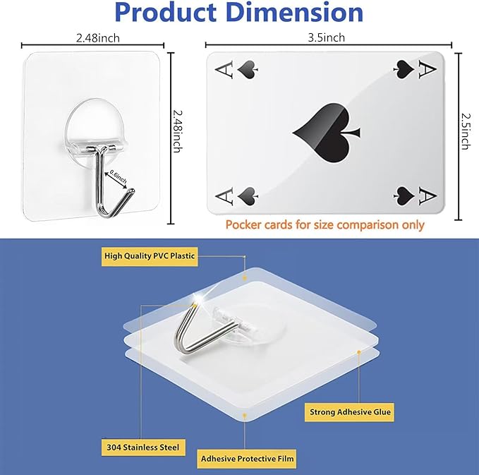 JINSHUNFA Adhesive Wall Hooks 13LB Heavy Duty No Drill Transparent Waterproof - Image 3