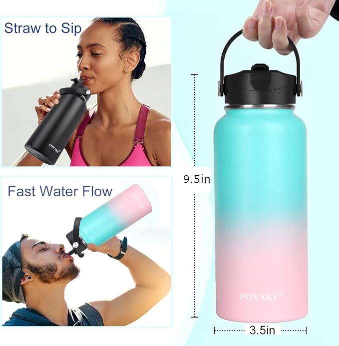 Water Bottle Insulated 32oz 40oz 64oz 128oz Straw Lid Spout Lid & 3 Lids - Image 2