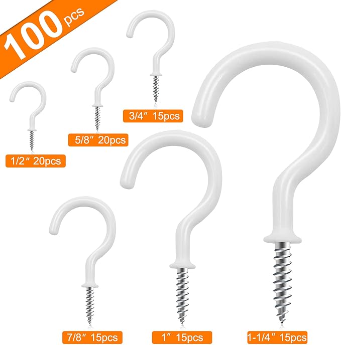 100 PCS Screw in Cup Hooks, 6 Size Vinyl Coated Screw Ceiling Wind Chimes Cup - Image 2