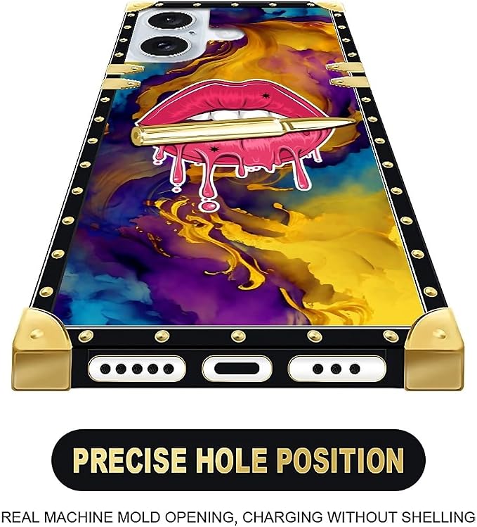 Compatible with iPhone 16 Plus Case, Cool Corlorful Lip Marble Luxury Golden - Image 4