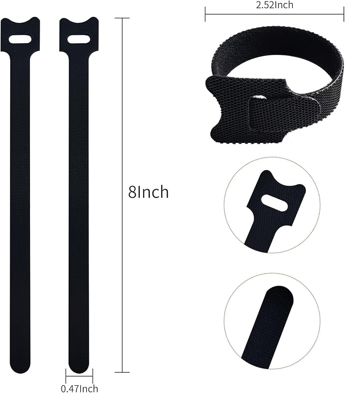 8 Inches Black Reusable Cable Ties, Cable Organizer, Cord Wrap and Hook Loop - Image 2