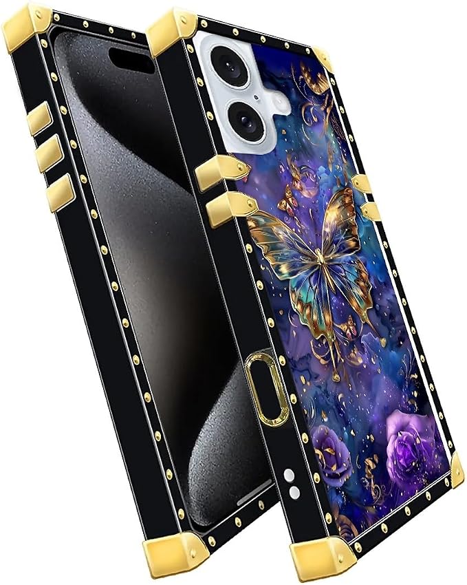 Compatible with iPhone 16 Case, Glistening Golden Butterfly Vibrant Purple Blue - Image 3