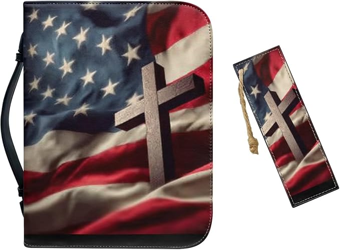 Medium Bible Cover Case for Women Men American Flag and Cross PU Leather Bible by Unknown