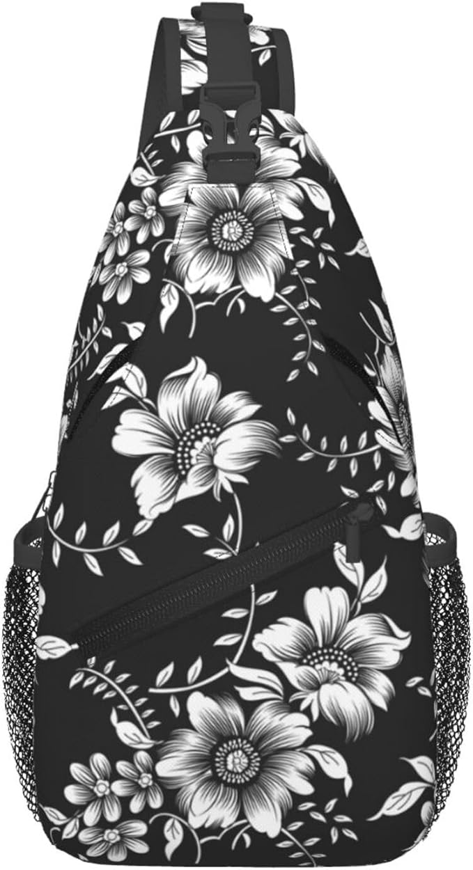 Black White Flowers Crossbody Sling Bag by Unknown
