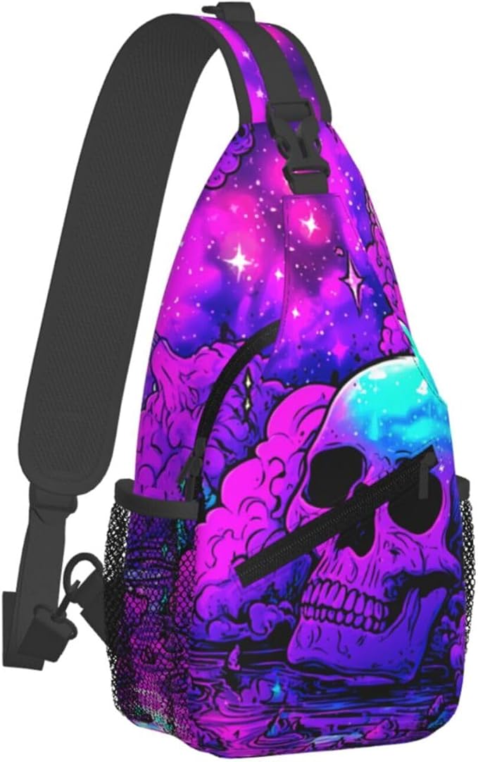 Trippy Skull Sling Bag Crossbody Travel Hiking Chest Backpack Shoulder Daypack - Image 2