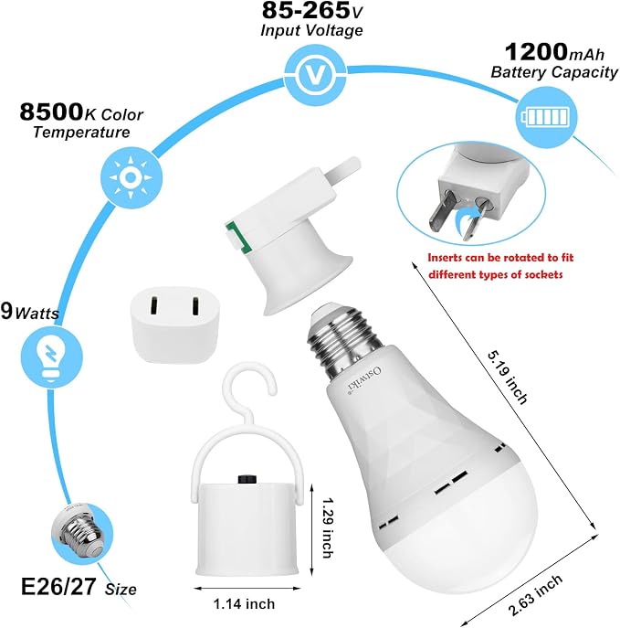 Ostwiki 2 Pack Emergency Rechargeable Light Bulbs, Battery Operated Backup - Image 2