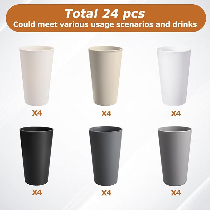 24 Pcs Unbreakable Plastic Cups Set, 20 oz Reusable Plastic Cups, Stackable - Image 3