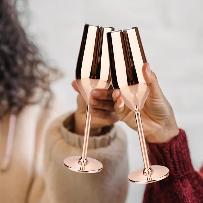 TJ Unbreakable 8 Oz Stainless Steel Champagne Flutes- Rose Champagne Glasses - Image 6