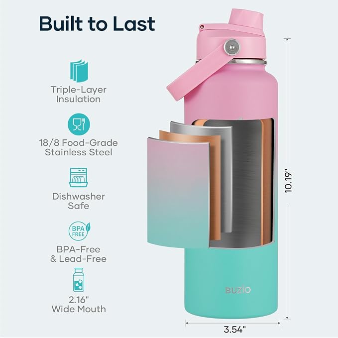 BUZIO 40 oz Insulated Water Bottle, Triple Wall Vacuum Stainless Steel Water - Image 4