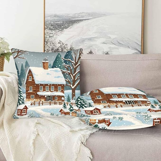 Farmhouse Throw Pillow Covers 18x18 Winter Snow Tree Set of 2 Pillow Cases - Image 5