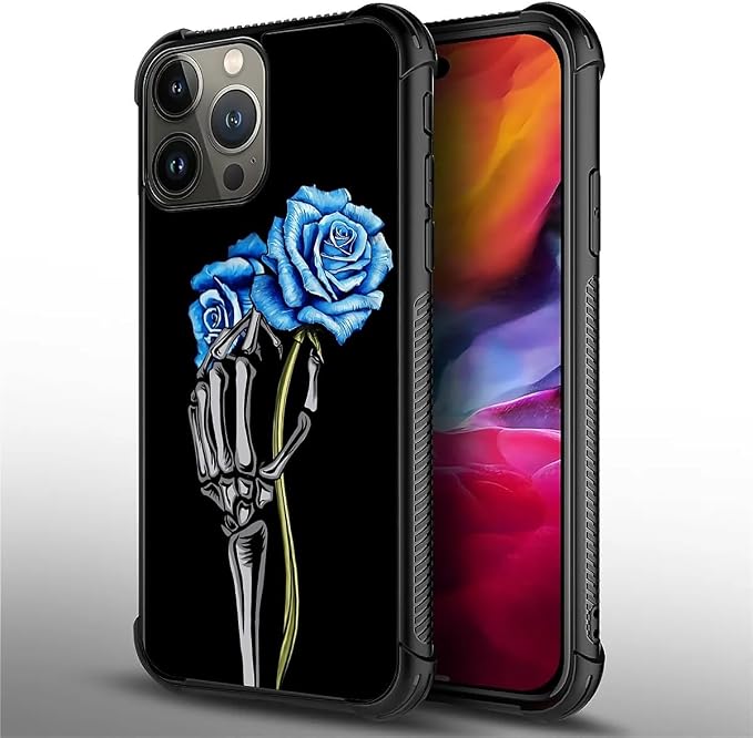 for iPhone 15 Pro Case, Skeleton Holding Blue Rose Pattern Graphic Design Girl - Image 3