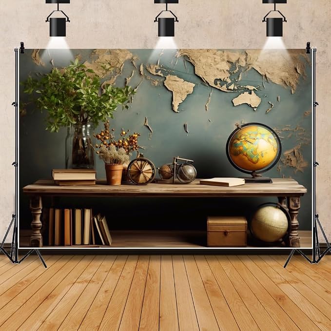 7x5ft Vintage World Map Backdrop Wooden Desk Globe Photography Background Study by Unknown
