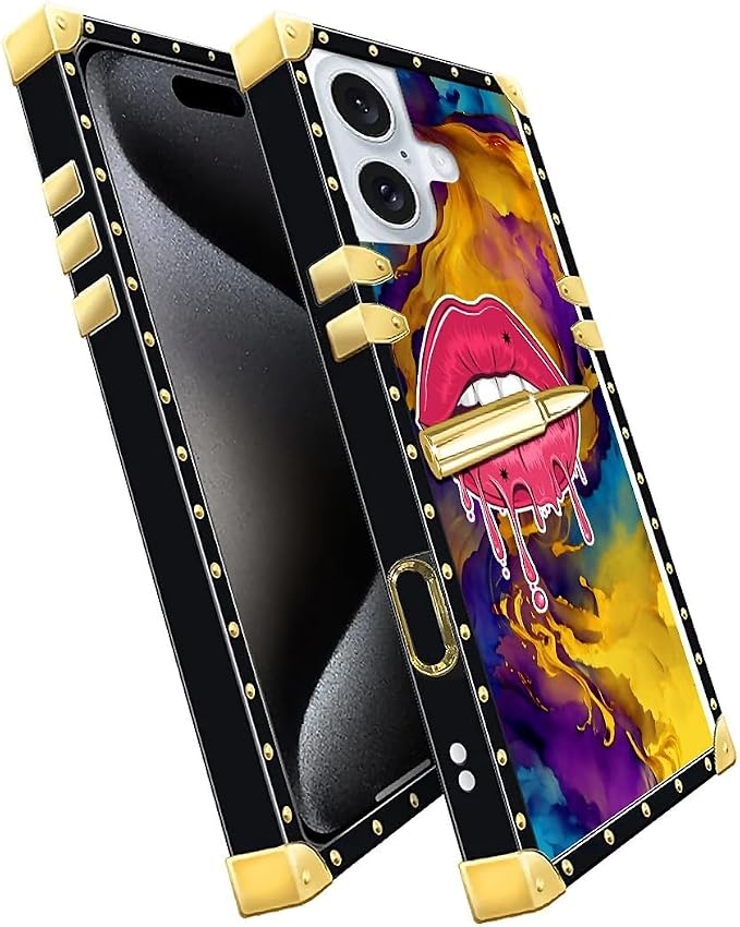 Compatible with iPhone 16 Plus Case, Cool Corlorful Lip Marble Luxury Golden - Image 2