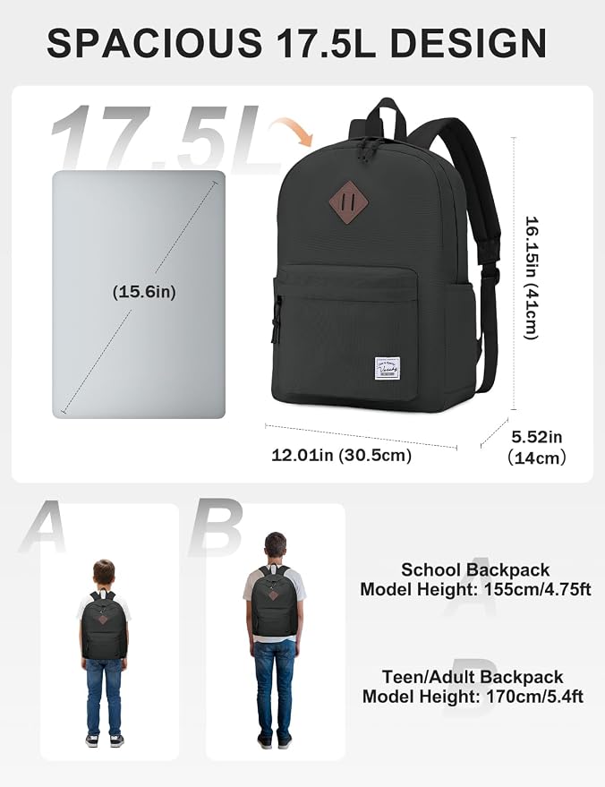 VASCHY Lightweight Backpack for School, Classic Basic Water Resistant Casual - Image 2