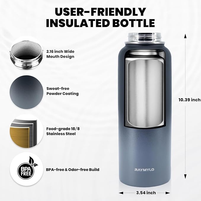 RAYMYLO Insulated Water Bottle 40 oz, Triple Wall Vacuum Stainless Steel - Image 4