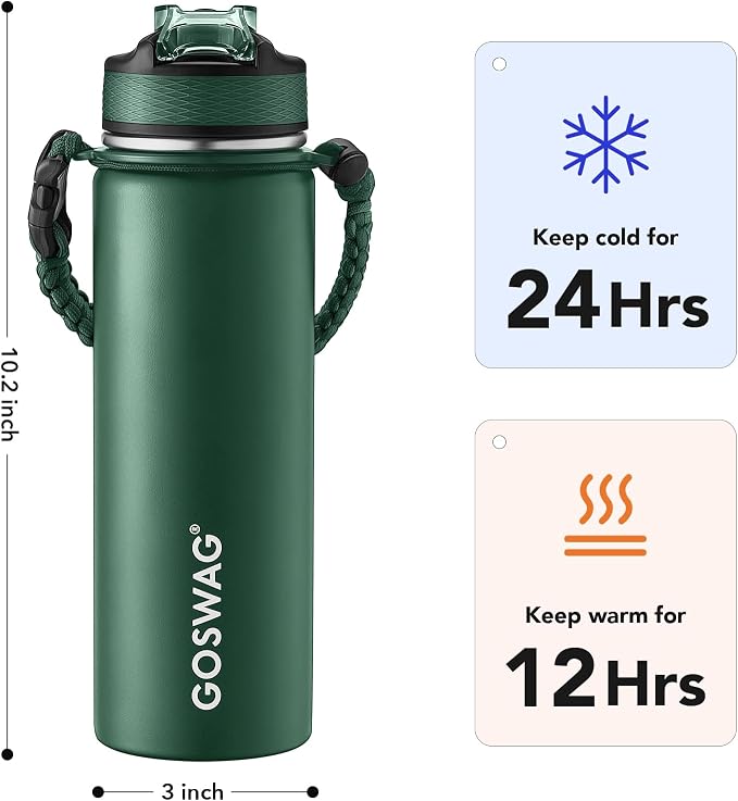 GOSWAG Insulated Sports Water Bottle, 24oz 2 Lids, Stainless Steel Water Bottles - Image 2