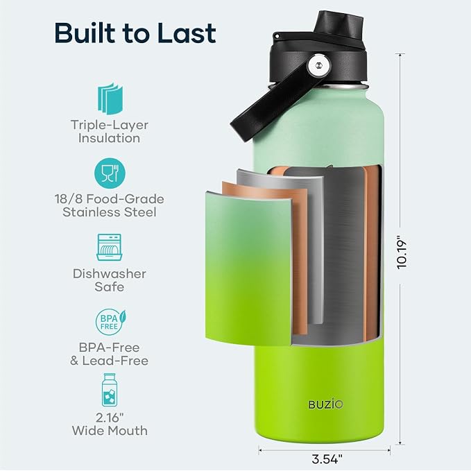 BUZIO 40oz Insulated Water Bottle, Triple Wall Stainless Steel Water Flask - Image 4
