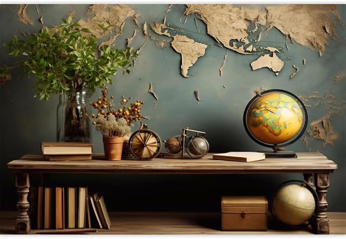 7x5ft Vintage World Map Backdrop Wooden Desk Globe Photography Background Study - Image 3