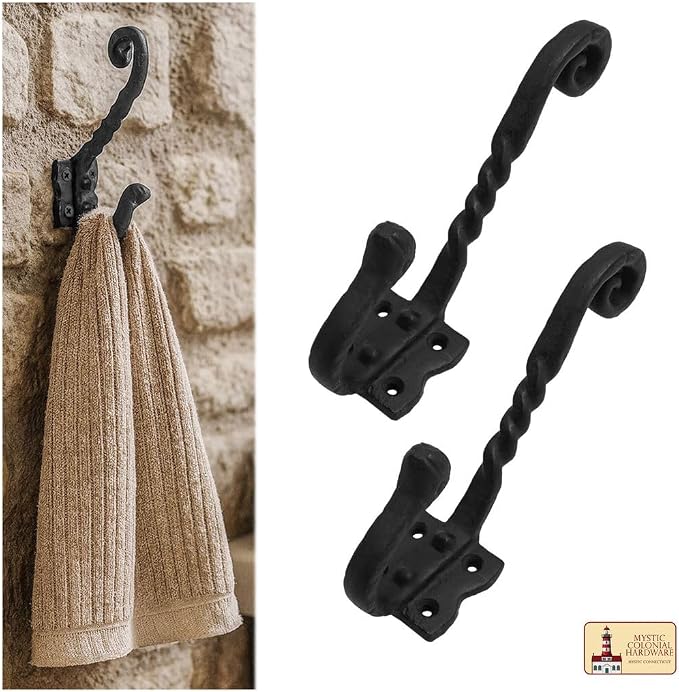 Mystic Colonial Rustic Cast Iron Wall Hooks, Heavy Duty Blackened Vintage - Image 7