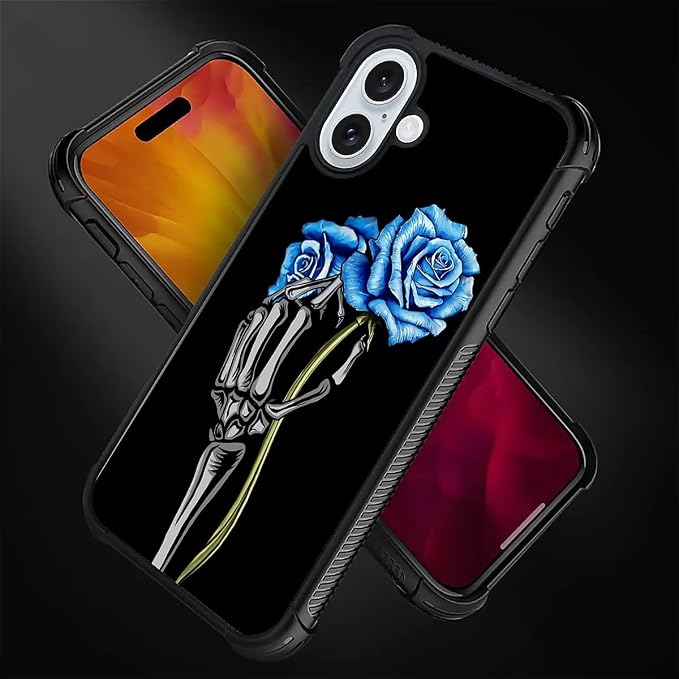 for iPhone 16 Case, Skeleton Holding Blue Rose Pattern Graphic Design Girl Boy - Image 4