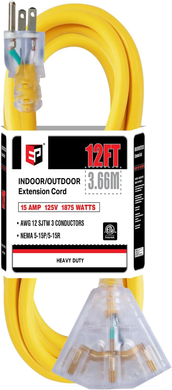 EP 12 Ft 12 Gauge Heavy Duty Extension Cord, 15A 125V 1875W, 3 Outlet by ENERGYPRO