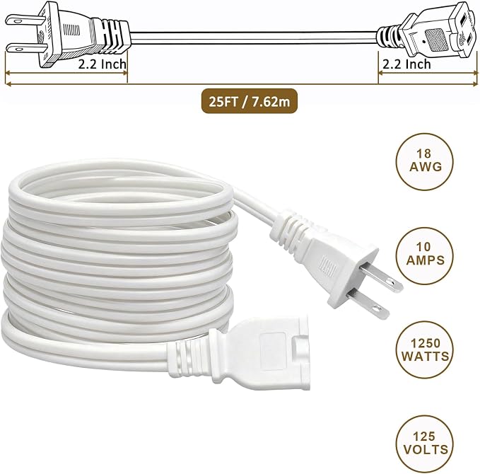25 FT 2 Prong Extension Cord, 18AWG SPT-2 Indoor Male to Female Power Cord ETL - Image 3