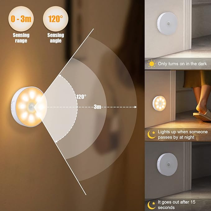 8 LEDs Motion Sensor Light Indoor, Night Light USB Rechargeable, 3 Light Modes - Image 5