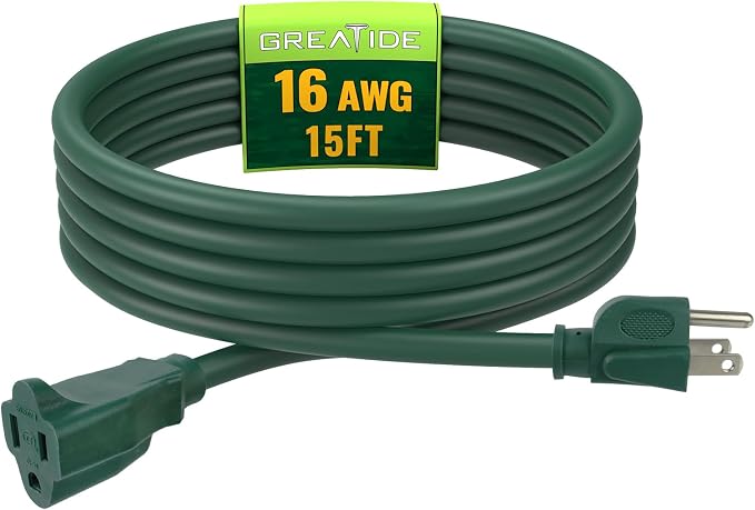 Indoor Outdoor Extension Cord 15 FT, 16/3 SJTW Weatherproof Green Electrical by GREATIDE