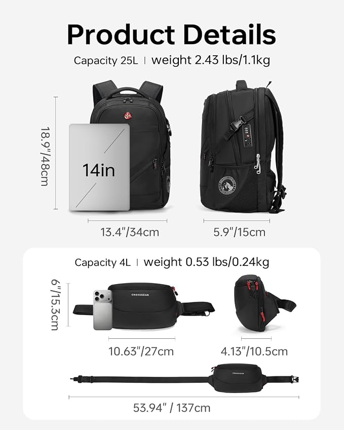CROSSGEAR Travel Laptop Backpack + Crossbody Sling Bag Set, Fits 14-17.3" - Image 7