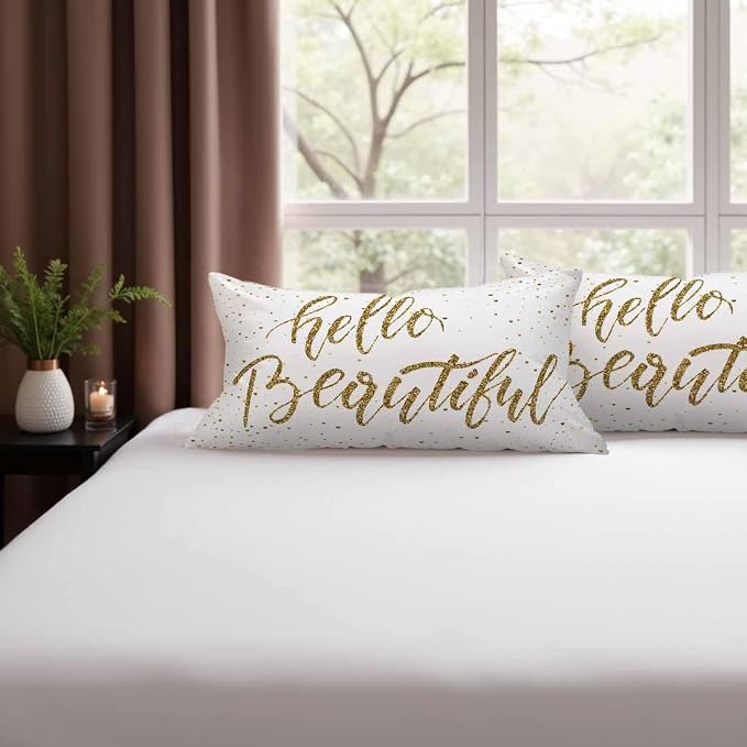 Hello Beautiful Bling Pillow Covers 12 X 20 Gold Glitter Motivational Quote Set - Image 9