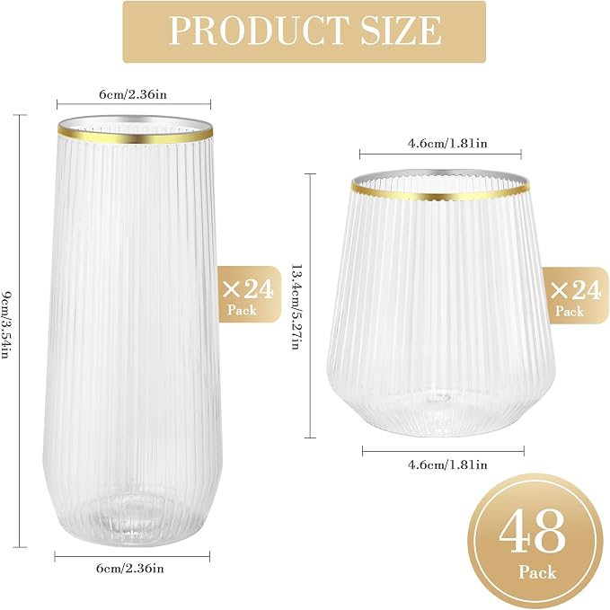 48 Pack Ribbed Plastic Wine Glasses – 24 x 9oz Stemless Champagne Flutes & 24 x - Image 6