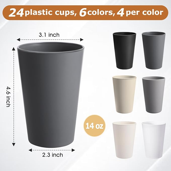 24 Pcs Unbreakable Plastic Cups Set, 14 oz Reusable Plastic Cups, Stackable - Image 2